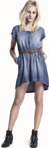 Dress - style: shift; length: mid thigh; neckline: round neck; sleeve style: capped; pattern: plain; waist detail: belted waist/tie at waist/drawstring; bust detail: buttons at bust (in middle at breastbone)/zip detail at bust; predominant colour: denim; occasions: casual; fit: body skimming; fibres: polyester/polyamide - 100%; sleeve length: short sleeve; texture group: denim; pattern type: fabric; pattern size: standard