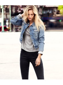 Denim Jacket - pattern: plain; style: denim; fit: slim fit; predominant colour: denim; occasions: casual, holiday; length: standard; fibres: cotton - stretch; collar: shirt collar/peter pan/zip with opening; sleeve length: long sleeve; sleeve style: standard; texture group: denim; collar break: high; pattern type: fabric; pattern size: standard
