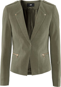 Jacket - pattern: plain; style: single breasted blazer; shoulder detail: obvious epaulette; fit: slim fit; collar: standard lapel/rever collar; predominant colour: khaki; occasions: casual, work; length: standard; fibres: cotton - stretch; waist detail: fitted waist; sleeve length: long sleeve; sleeve style: standard; texture group: crepes; collar break: low/open; pattern type: fabric