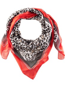 Scarf - predominant colour: true red; occasions: casual, work; type of pattern: standard; style: square; size: standard; material: fabric; pattern: animal print