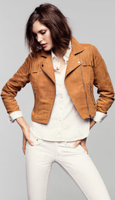 Jacket - pattern: plain; style: biker; bust detail: added detail/embellishment at bust; collar: asymmetric biker; length: cropped; fit: slim fit; predominant colour: tan; occasions: casual; fibres: polyester/polyamide - 100%; shoulder detail: added shoulder detail; back detail: embellishment at back; sleeve length: long sleeve; sleeve style: standard; collar break: medium; pattern type: fabric; texture group: suede