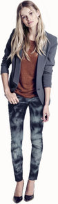 Trousers - pattern: tie dye; pocket detail: traditional 5 pocket; waist: mid/regular rise; predominant colour: navy; occasions: casual, evening; length: ankle length; fibres: cotton - stretch; fit: skinny/tight leg; pattern type: fabric; pattern size: standard; texture group: tweed - light/midweight; style: standard