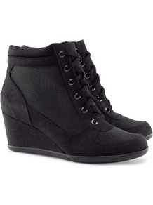 Sneakers - predominant colour: black; occasions: casual; material: fabric; heel height: mid; heel: wedge; toe: round toe; boot length: ankle boot; style: high top; trends: sporty redux; finish: plain; pattern: plain
