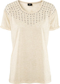 Top - neckline: round neck; bust detail: added detail/embellishment at bust; style: t-shirt; predominant colour: ivory; occasions: casual, evening, work; length: standard; fibres: polyester/polyamide - mix; fit: body skimming; shoulder detail: added shoulder detail; sleeve length: short sleeve; sleeve style: standard; pattern type: fabric; pattern size: small & light; texture group: jersey - stretchy/drapey; embellishment: beading