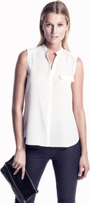 Blouse - pattern: plain; sleeve style: sleeveless; bust detail: pocket detail at bust; style: blouse; predominant colour: white; occasions: casual, evening, work; length: standard; neckline: mandarin with v-neck; fibres: polyester/polyamide - 100%; fit: straight cut; sleeve length: sleeveless; texture group: sheer fabrics/chiffon/organza etc.; pattern type: fabric; pattern size: standard