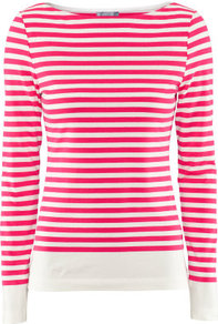 Top - neckline: round neck; pattern: horizontal stripes; style: t-shirt; predominant colour: true red; occasions: casual, work; length: standard; fibres: cotton - stretch; fit: body skimming; sleeve length: long sleeve; sleeve style: standard; trends: fluorescent; pattern type: fabric; pattern size: standard; texture group: jersey - stretchy/drapey
