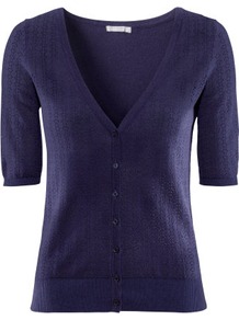 Cardigan - neckline: low v-neck; bust detail: buttons at bust (in middle at breastbone)/zip detail at bust; predominant colour: navy; occasions: casual, work, holiday; length: standard; style: standard; fibres: cotton - mix; fit: standard fit; waist detail: fitted waist; sleeve length: short sleeve; sleeve style: standard; texture group: knits/crochet; pattern type: knitted - fine stitch; pattern size: small & busy