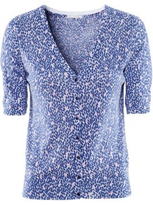 Cardigan - neckline: low v-neck; predominant colour: royal blue; occasions: casual, work; length: standard; style: standard; fibres: cotton - mix; fit: slim fit; waist detail: fitted waist; sleeve length: half sleeve; sleeve style: standard; texture group: knits/crochet; pattern type: fabric; pattern size: small & busy; pattern: patterned/print