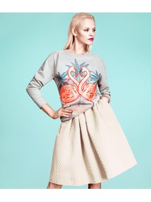 Skirt - pattern: plain; fit: loose/voluminous; waist: high rise; waist detail: twist front waist detail/nipped in at waist on one side/soft pleats/draping/ruching/gathering waist detail; predominant colour: ivory; occasions: casual, evening, work; length: on the knee; style: fit & flare; fibres: polyester/polyamide - mix; trends: volume; pattern type: fabric; pattern size: light/subtle; texture group: other - light to midweight