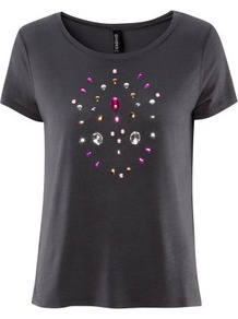 Top - neckline: round neck; bust detail: added detail/embellishment at bust; style: t-shirt; predominant colour: black; occasions: casual, evening; length: standard; fibres: polyester/polyamide - 100%; fit: straight cut; sleeve length: short sleeve; sleeve style: standard; pattern type: fabric; pattern size: small & light; texture group: jersey - stretchy/drapey; embellishment: beading