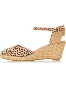 Wade Closed Toe Espadrilles - predominant colour: camel; occasions: casual, work, holiday; material: suede; heel height: mid; embellishment: buckles; ankle detail: ankle strap; heel: wedge; toe: round toe; style: slingbacks; trends: statement prints; finish: plain; pattern: animal print