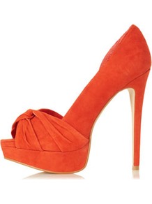 Sylvie Knot Front Heels - predominant colour: bright orange; occasions: evening, occasion; material: suede; heel height: high; heel: platform; toe: open toe/peeptoe; style: courts; trends: fluorescent; finish: plain; pattern: plain; embellishment: pleated