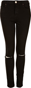 Moto Black Rip Knee Jamie Jeans - style: skinny leg; length: standard; pattern: plain; pocket detail: traditional 5 pocket; waist: mid/regular rise; predominant colour: black; occasions: casual, evening; fibres: cotton - mix; texture group: denim; pattern type: fabric