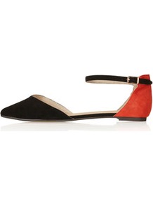 Marnie 2 Part Pointed Shoes - predominant colour: black; occasions: casual, evening, work, holiday; material: suede; heel height: flat; ankle detail: ankle strap; toe: pointed toe; style: ballerinas / pumps; finish: plain; pattern: two-tone