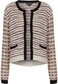 Knitted Mixed Yarn Jacket - pattern: horizontal stripes; collar: round collar/collarless; style: boxy; occasions: casual, work; length: standard; fit: straight cut (boxy); fibres: cotton - mix; predominant colour: multicoloured; sleeve length: long sleeve; sleeve style: standard; texture group: knits/crochet; collar break: medium; pattern type: fabric; pattern size: standard