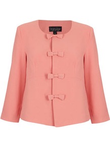 Bow Front Crop Jacket - pattern: plain; style: single breasted blazer; bust detail: added detail/embellishment at bust; collar: high neck; predominant colour: pink; occasions: evening, work, occasion; length: standard; fit: straight cut (boxy); fibres: polyester/polyamide - stretch; sleeve length: 3/4 length; sleeve style: standard; collar break: high; pattern type: fabric; pattern size: standard; texture group: other - light to midweight