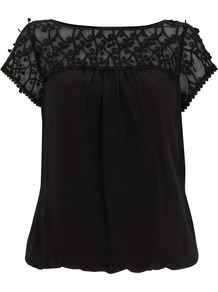 Black Lace Yoke Top - neckline: round neck; pattern: plain; style: blouson; shoulder detail: contrast pattern/fabric at shoulder; predominant colour: black; occasions: casual, evening; length: standard; fibres: silk - mix; fit: loose; sleeve length: short sleeve; sleeve style: standard; texture group: lace; pattern type: fabric