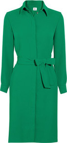 Crepe Shirt Dress - style: shirt; neckline: shirt collar/peter pan/zip with opening; pattern: plain; waist detail: belted waist/tie at waist/drawstring; predominant colour: emerald green; occasions: evening, work; length: just above the knee; fit: body skimming; fibres: polyester/polyamide - 100%; sleeve length: long sleeve; sleeve style: standard; texture group: crepes; pattern type: fabric