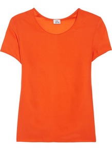 Silk T Shirt - neckline: round neck; pattern: plain; style: t-shirt; predominant colour: bright orange; occasions: casual, evening, work; length: standard; fibres: silk - 100%; fit: straight cut; sleeve length: short sleeve; sleeve style: standard; texture group: silky - light; trends: fluorescent; pattern type: fabric
