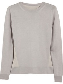 Silk Back Cashmere Wool Blend Sweater - neckline: round neck; style: standard; back detail: contrast pattern/fabric at back; predominant colour: light grey; occasions: casual, work; length: standard; fibres: wool - mix; fit: standard fit; sleeve length: long sleeve; sleeve style: standard; texture group: knits/crochet; pattern type: knitted - fine stitch; pattern size: standard