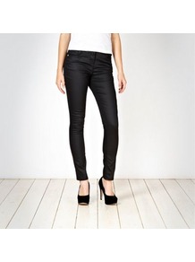 Black Coated Skinny Jeans - style: skinny leg; length: standard; pattern: plain; pocket detail: traditional 5 pocket; waist: mid/regular rise; predominant colour: black; occasions: casual, evening; fibres: cotton - stretch; texture group: waxed cotton; pattern type: fabric