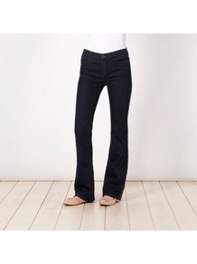 Dark Blue Bootcut Jeans - style: bootcut; pattern: plain; pocket detail: traditional 5 pocket; length: extra long; waist: mid/regular rise; predominant colour: navy; occasions: casual; fibres: cotton - stretch; jeans detail: dark wash; texture group: denim; pattern type: fabric; embellishment: studs
