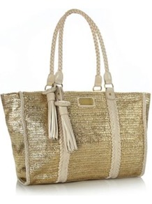 Designer Gold Weave Tote Bag - predominant colour: gold; occasions: casual, work, holiday; type of pattern: small; style: tote; length: handle; size: oversized; material: macrame/raffia/straw; embellishment: tassels; pattern: plain; trends: metallics; finish: metallic