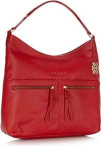 Red Leather Stab Stitched Pocketed Hobo Bag - predominant colour: true red; occasions: casual, work; type of pattern: standard; style: shoulder; length: shoulder (tucks under arm); size: standard; material: leather; embellishment: zips; pattern: plain; finish: plain