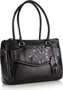 Black Leather Embroidered And Appliqued Pocketed Tote Bag - secondary colour: lilac; predominant colour: black; occasions: casual, work; type of pattern: light; style: shoulder; length: shoulder (tucks under arm); size: standard; material: leather; embellishment: embroidered; pattern: florals; finish: plain