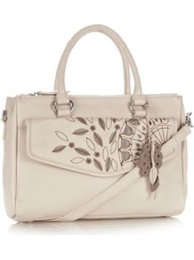 Cream Leather Embroidered And Appliqued Pocketed Grab Bag - predominant colour: ivory; secondary colour: taupe; occasions: casual, work; type of pattern: light; style: grab bag; length: handle; size: standard; material: leather; embellishment: embroidered; pattern: plain; finish: plain