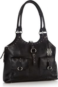 Black Leather Large Stab Stitched Leather Tote Bag - predominant colour: black; occasions: casual, work; type of pattern: standard; style: tote; length: handle; size: standard; material: leather; pattern: plain; finish: plain; embellishment: buckles