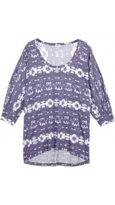 Sunburst Tie Dye Jersey Batwing Top - sleeve style: dolman/batwing; predominant colour: denim; occasions: casual, holiday; length: standard; style: top; fibres: viscose/rayon - 100%; fit: loose; neckline: crew; back detail: longer hem at back than at front; sleeve length: 3/4 length; trends: modern geometrics; pattern type: fabric; pattern size: small & busy; pattern: patterned/print; texture group: jersey - stretchy/drapey