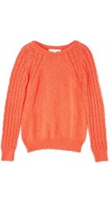 Cable Knit Sleeve Raglan Jumper - neckline: round neck; style: standard; pattern: cable knit; shoulder detail: contrast pattern/fabric at shoulder; predominant colour: bright orange; occasions: casual, work; length: standard; fibres: cotton - 100%; fit: standard fit; bust detail: contrast pattern/fabric/detail at bust; sleeve length: long sleeve; sleeve style: standard; texture group: knits/crochet; trends: fluorescent; pattern type: knitted - other; pattern size: standard