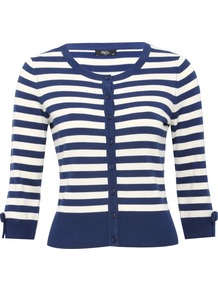 Petite Bow Trim Striped Cardigan Petite Collection Navy - neckline: round neck; pattern: horizontal stripes; predominant colour: navy; occasions: casual, work; length: standard; style: standard; fit: slim fit; waist detail: fitted waist; sleeve length: 3/4 length; sleeve style: standard; texture group: knits/crochet; pattern type: knitted - fine stitch; pattern size: standard; fibres: viscose/rayon - mix