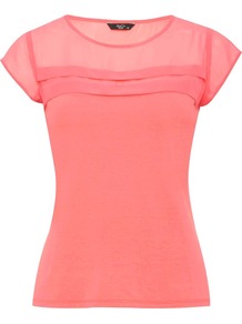 Pink Short Sleeve Top Petite Collection Tartan - pattern: plain; shoulder detail: contrast pattern/fabric at shoulder; bust detail: ruching/gathering/draping/layers/pintuck pleats at bust; style: polo shirt; predominant colour: coral; occasions: casual, evening, work; length: standard; fibres: viscose/rayon - stretch; fit: body skimming; neckline: crew; sleeve length: short sleeve; sleeve style: standard; pattern type: fabric; pattern size: standard; texture group: jersey - stretchy/drapey