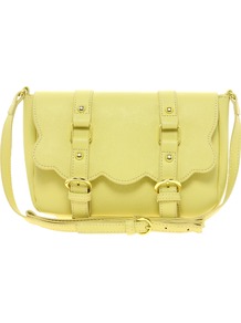 Scallop Double Buckle Across Body Bag - predominant colour: lime; occasions: casual, work; type of pattern: standard; style: satchel; length: across body/long; size: small; material: faux leather; pattern: plain; trends: sporty redux, fluorescent; finish: plain