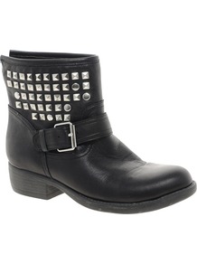 Outtlaww Stud Biker Boot - predominant colour: black; occasions: casual; material: leather; heel height: flat; embellishment: studs; heel: block; toe: round toe; boot length: ankle boot; style: biker boot; finish: plain; pattern: plain