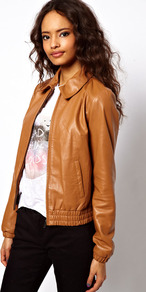 Retro Leather Bomber - pattern: plain; bust detail: added detail/embellishment at bust; style: bomber; predominant colour: camel; occasions: casual, evening, work; length: standard; fit: straight cut (boxy); fibres: leather - 100%; collar: shirt collar/peter pan/zip with opening; sleeve length: long sleeve; sleeve style: standard; texture group: leather; waist detail: drop waist; collar break: high/illusion of break when open; pattern type: fabric