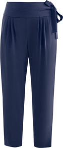 Keaka Trousers - pattern: plain; style: peg leg; waist detail: wide waistband/cummerbund; waist: high rise; pocket detail: pockets at the sides; predominant colour: navy; occasions: casual, evening, work, holiday; length: ankle length; fibres: polyester/polyamide - mix; hip detail: front pleats at hip level; fit: tapered; pattern type: fabric; texture group: jersey - stretchy/drapey