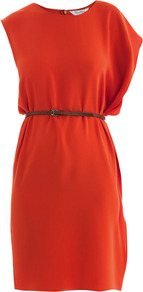 Espero Dress - style: shift; neckline: round neck; pattern: plain; sleeve style: asymmetric sleeve; waist detail: belted waist/tie at waist/drawstring; predominant colour: bright orange; occasions: evening, occasion; length: just above the knee; fit: body skimming; fibres: polyester/polyamide - mix; sleeve length: short sleeve; texture group: silky - light; pattern type: fabric; pattern size: standard