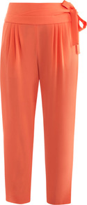 Keaka Trousers - pattern: plain; style: peg leg; waist: high rise; waist detail: belted waist/tie at waist/drawstring; predominant colour: coral; occasions: casual, evening, work, holiday; length: ankle length; fibres: polyester/polyamide - stretch; hip detail: front pleats at hip level; texture group: crepes; fit: tapered; pattern type: fabric