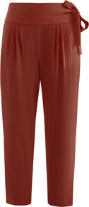 Keaka Trousers - pattern: plain; style: peg leg; waist: high rise; waist detail: belted waist/tie at waist/drawstring; predominant colour: terracotta; occasions: casual, evening, work; length: ankle length; fibres: polyester/polyamide - stretch; hip detail: front pleats at hip level; texture group: crepes; fit: tapered; pattern type: fabric
