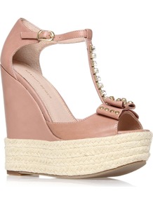 Nimes - predominant colour: pink; occasions: casual, evening, holiday; material: leather; embellishment: crystals; ankle detail: ankle strap; heel: wedge; toe: open toe/peeptoe; style: t-bar; finish: plain; pattern: plain; heel height: very high
