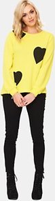 Neon Heart Sweater - neckline: round neck; style: standard; predominant colour: lime; occasions: casual; length: standard; fibres: polyester/polyamide - mix; fit: standard fit; back detail: longer hem at back than at front; sleeve length: long sleeve; sleeve style: standard; texture group: knits/crochet; trends: fluorescent; pattern type: knitted - fine stitch; pattern size: standard; pattern: patterned/print