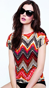 Multi Zig Zag Top - neckline: slash/boat neckline; style: t-shirt; occasions: casual, holiday; length: standard; fibres: viscose/rayon - 100%; fit: straight cut; predominant colour: multicoloured; sleeve length: short sleeve; sleeve style: standard; pattern type: fabric; pattern size: big & busy; pattern: patterned/print; texture group: jersey - stretchy/drapey