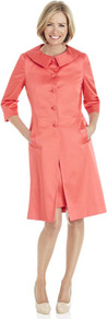 Limited Edition Satin Coat - pattern: plain; hip detail: side pockets at hip; style: single breasted; length: on the knee; predominant colour: coral; occasions: casual, evening, occasion; fit: tailored/fitted; fibres: polyester/polyamide - mix; collar: shirt collar/peter pan/zip with opening; sleeve length: 3/4 length; sleeve style: standard; texture group: structured shiny - satin/tafetta/silk etc.; collar break: high; pattern type: fabric