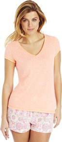 Neon V Neck Lounge Top - neckline: v-neck; pattern: plain; style: t-shirt; predominant colour: nude; occasions: casual; length: standard; fibres: polyester/polyamide - mix; fit: straight cut; sleeve length: short sleeve; sleeve style: standard; pattern type: fabric; texture group: jersey - stretchy/drapey