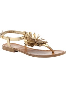 Leather Flower Sandals - predominant colour: gold; occasions: casual, evening, occasion, holiday; material: leather; heel height: flat; ankle detail: ankle strap; heel: standard; toe: toe thongs; style: flip flops / toe post; trends: metallics; finish: metallic; pattern: plain; embellishment: corsage