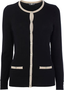 Black/Neutral Stretch Tipped Cardigan - neckline: round neck; pattern: plain; bust detail: buttons at bust (in middle at breastbone)/zip detail at bust; predominant colour: black; occasions: casual, work; length: standard; style: standard; fibres: nylon - mix; fit: standard fit; waist detail: front pockets at waist level; sleeve length: long sleeve; sleeve style: standard; texture group: knits/crochet; pattern type: knitted - other; pattern size: small & light
