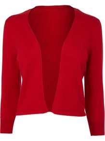 Red Occasion Edge To Edge Cardigan - pattern: plain; style: bolero/shrug; length: cropped; neckline: collarless open; predominant colour: true red; occasions: casual, work, occasion; fibres: nylon - mix; fit: slim fit; sleeve length: 3/4 length; sleeve style: standard; texture group: knits/crochet; pattern type: knitted - other